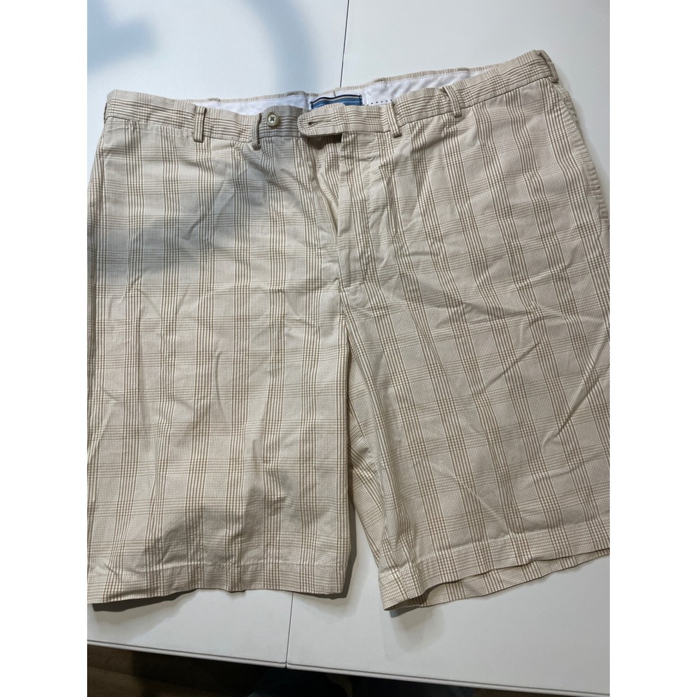 Peter Millar Mens 40 Tan White Plaid Flat Front Golf Shorts 2034